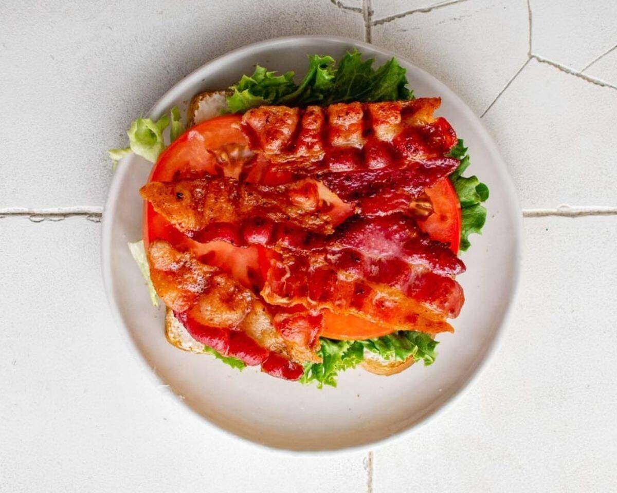 BLT sandwich without the top slice of bread. - 8