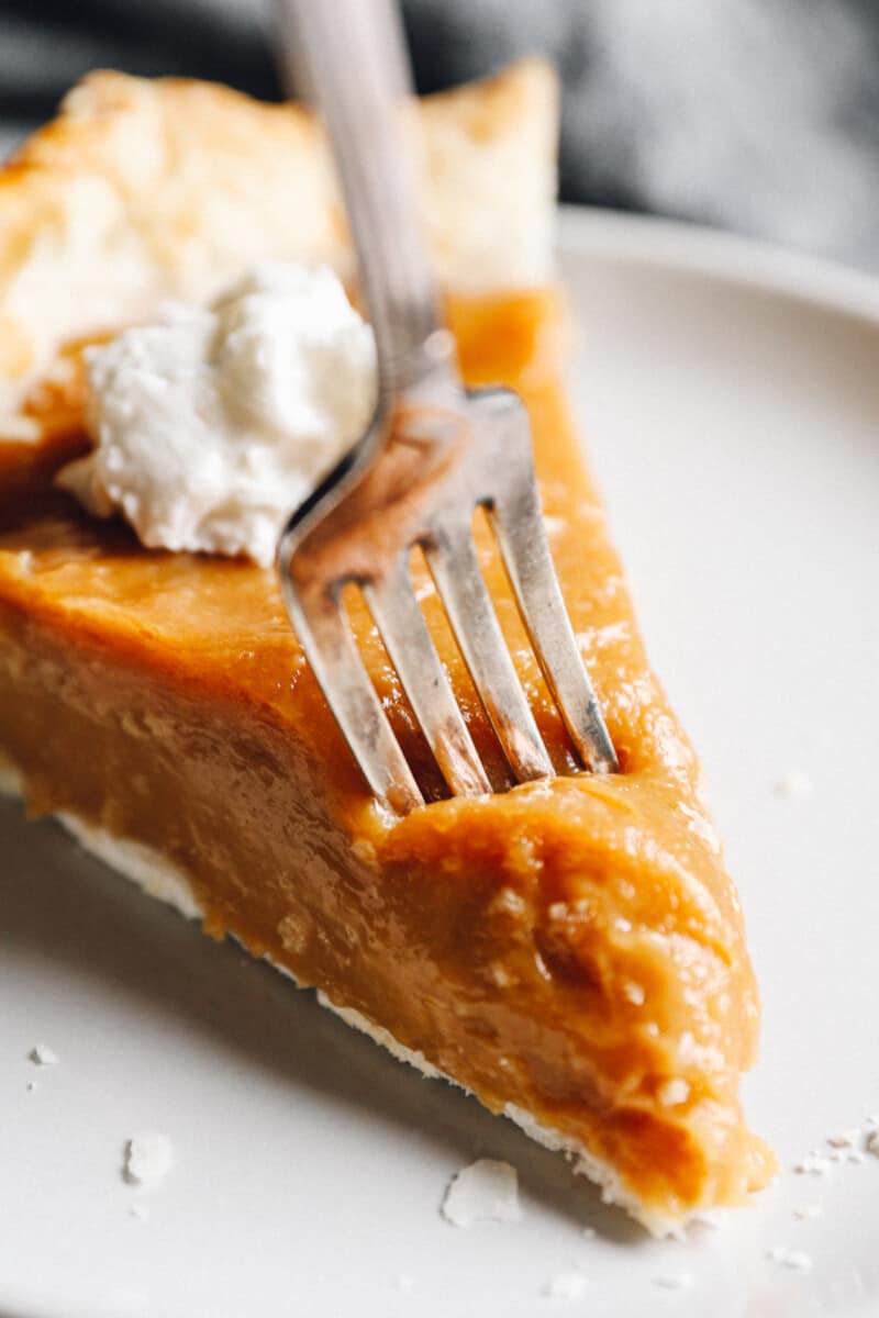 close up on a fork cutting into a slice of pie