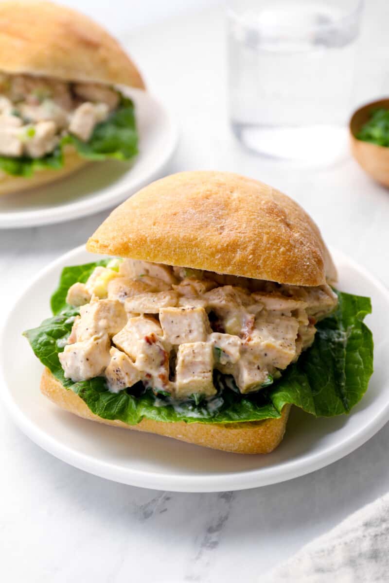 a bacon ranch chicken salad sandwich on a white plate.