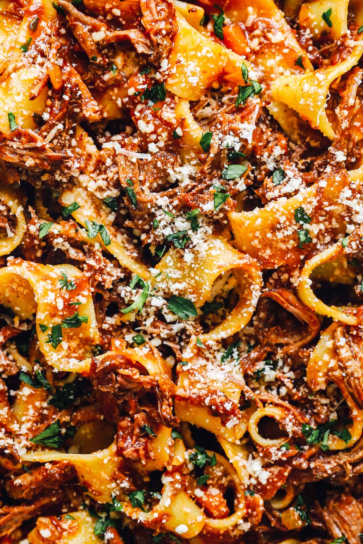 closeup of slow cooker beef ragu in a white bowl with a fork.