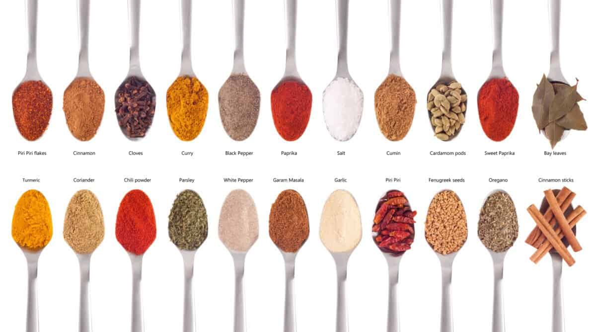 Gorgeous collection of 22 spices on spoons (cumin, coriander, curry, paprika, chili, piri piri, cinnamon, fenugreek, cardamom, oregano, parsley, garlic, salt, 