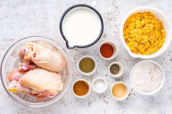 overhead view of ingredients for air fryer fried chicken.