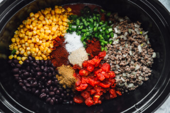 ingredients for crockpot taco soup in a crockpot.