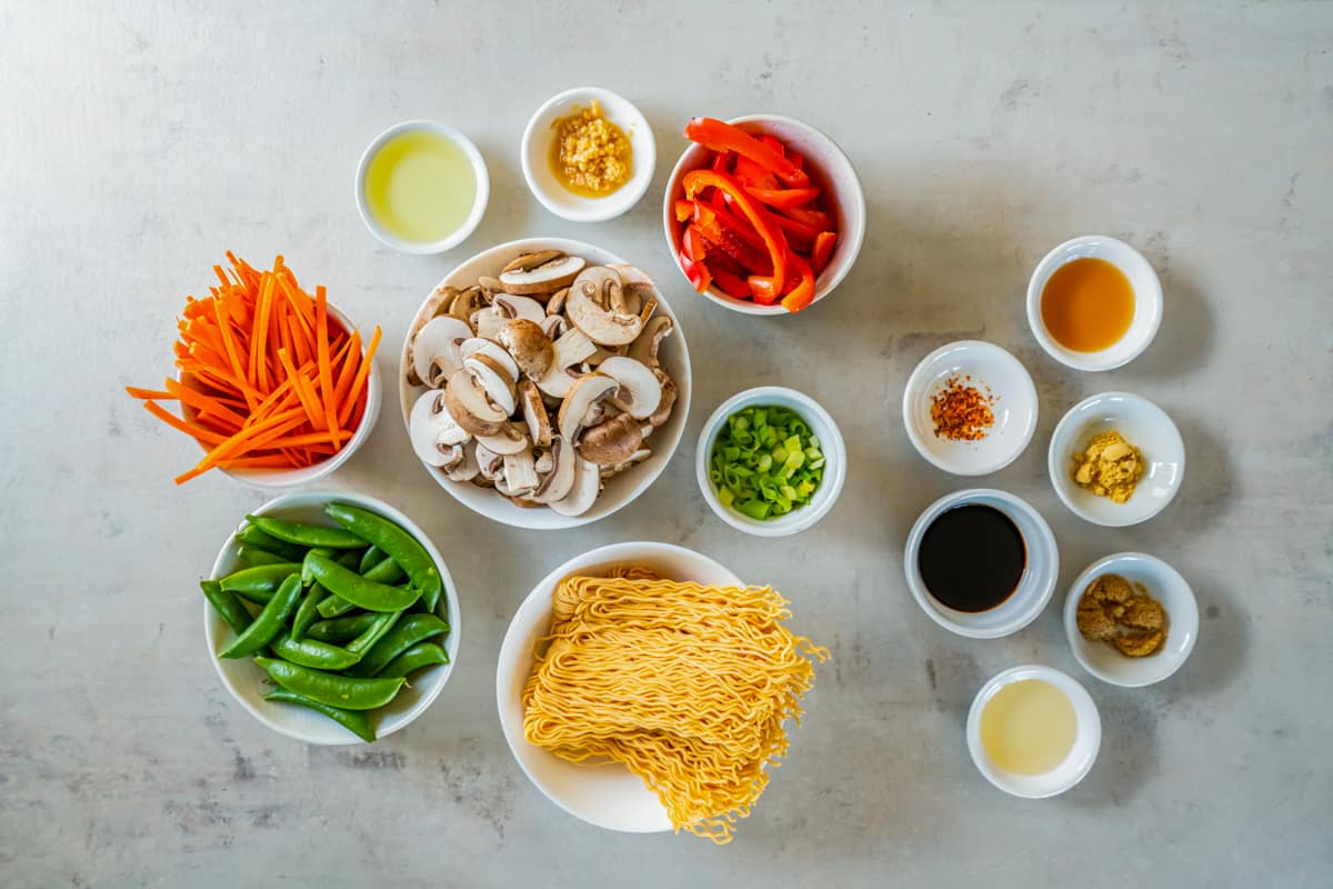 overhead view of ingredients for vegetable lo mein.