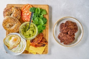 overhead view of toppings for breakfast burgers.