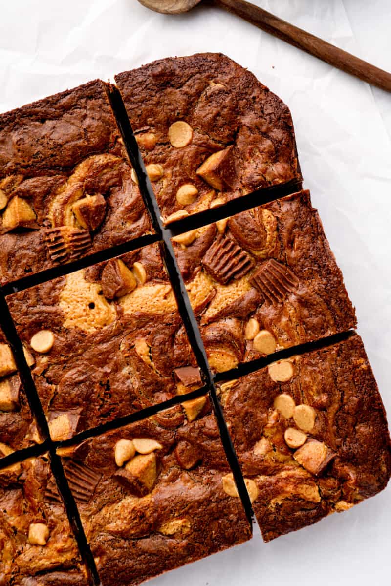 overhead view of cut peanut butter brownies on a white cutting board.