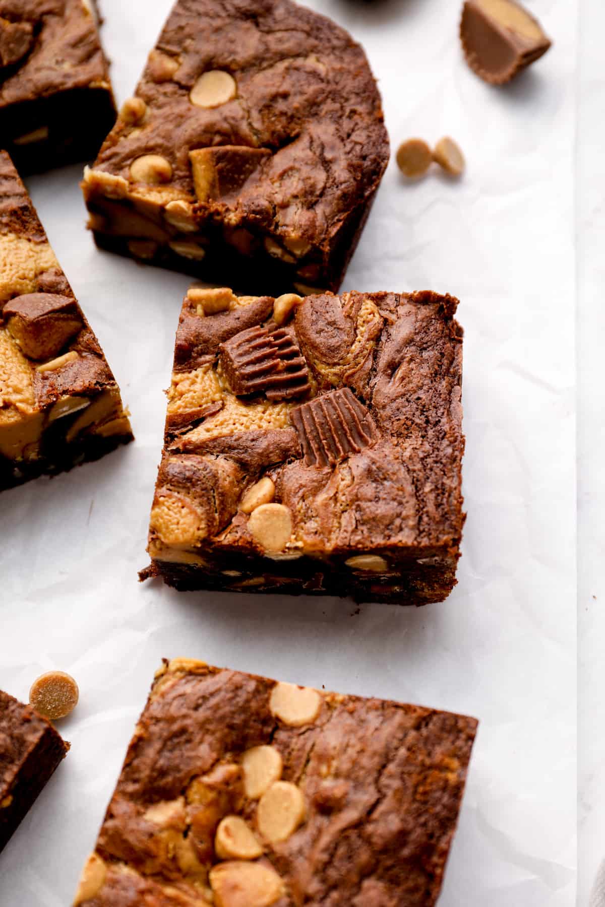 close up of cut peanut butter brownies.