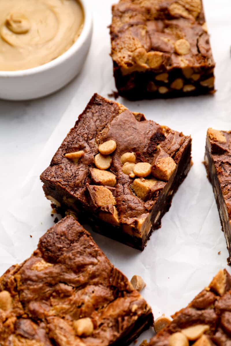 close up of cut peanut butter brownies.