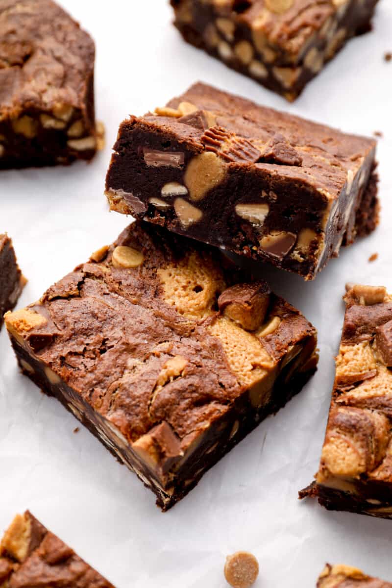 a peanut butter brownie leaning against a second peanut butter brownie.