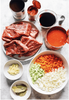 overhead view of ingredients for slow cooker beef ragu.