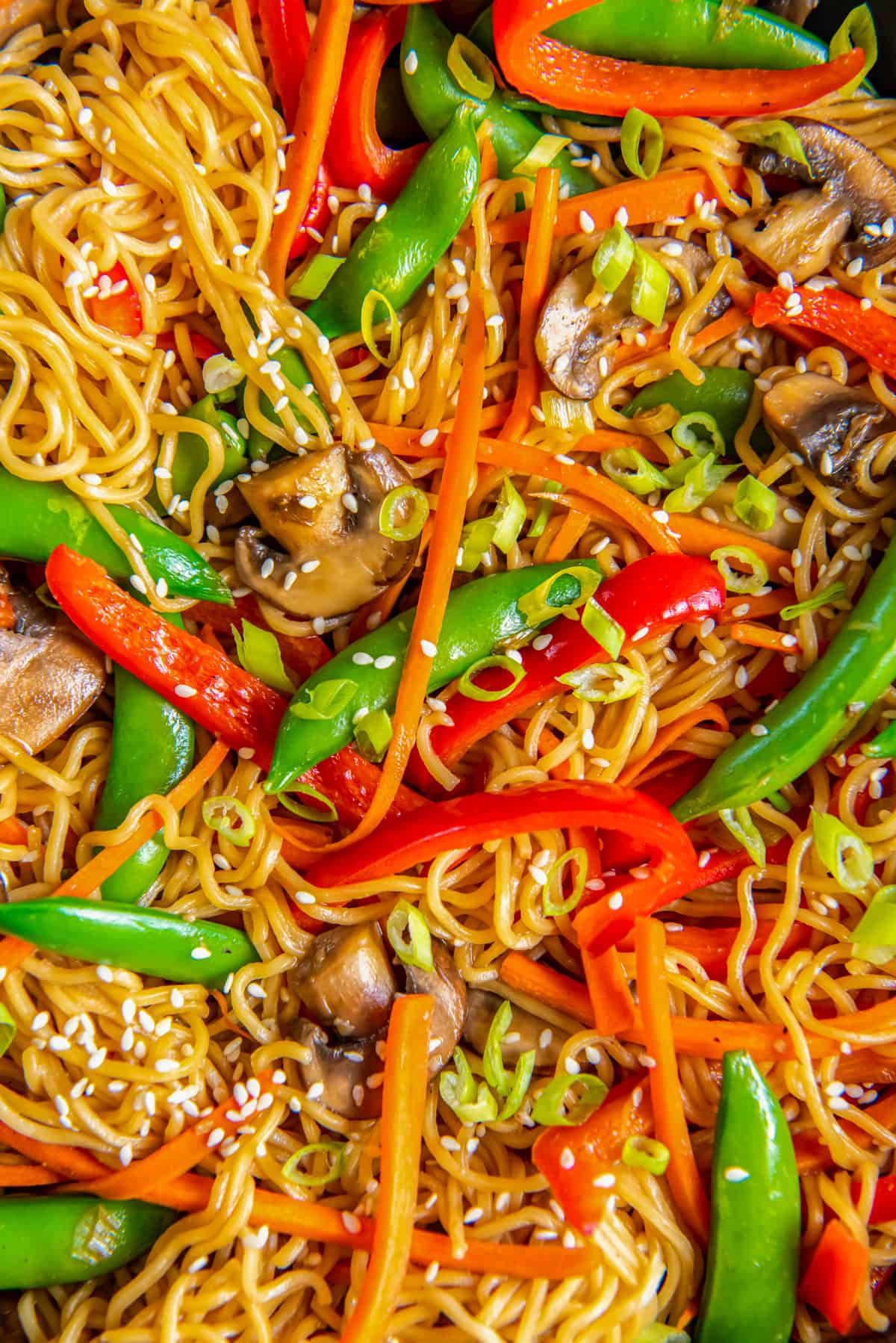 close up of vegetable lo mein.