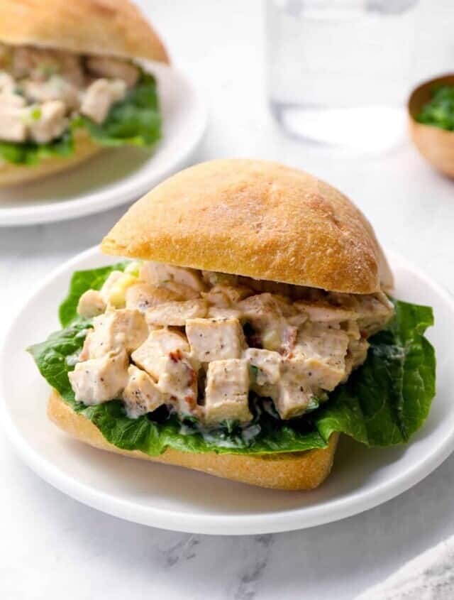 Chicken salad sandwich on a white plate.