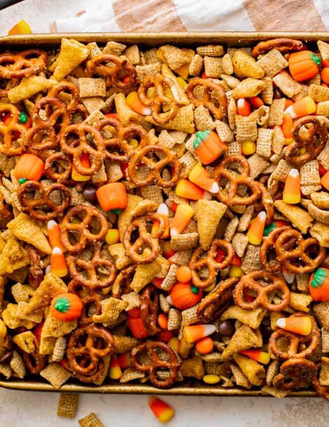 tray of halloween Chex mix