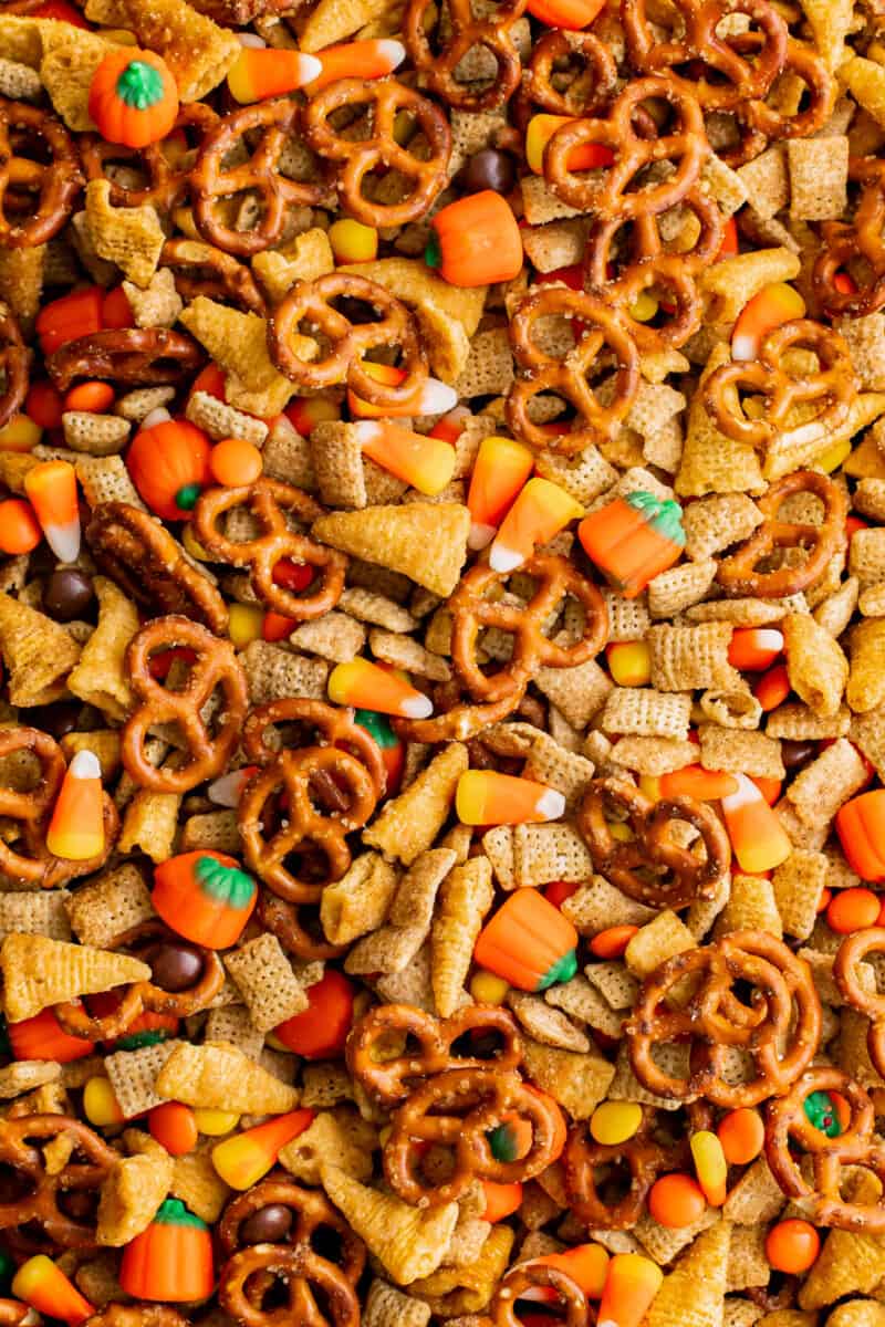 close up on sweet and salty Chex mix