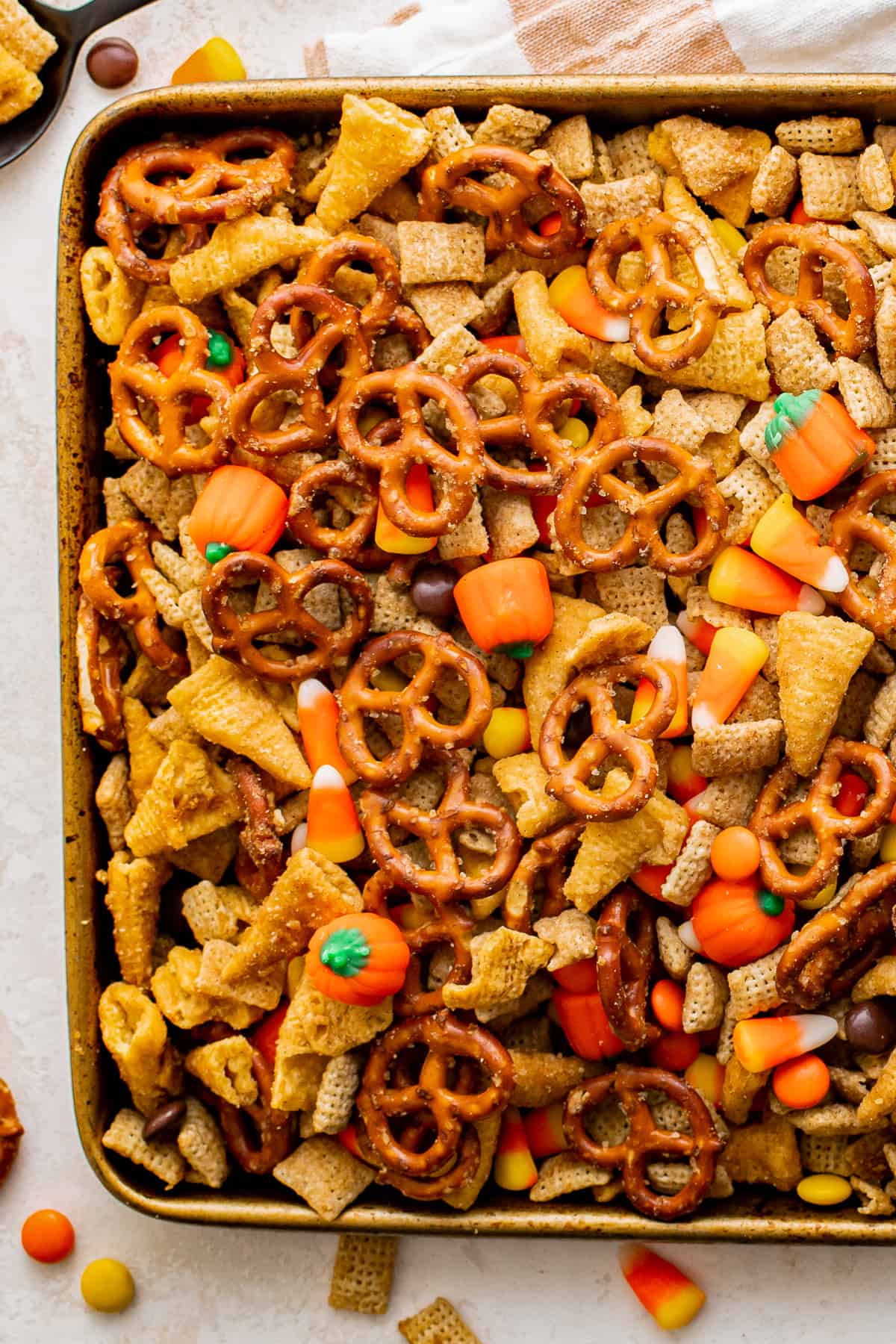 halloween Chex mix filled with pretzels, bugles, and candy