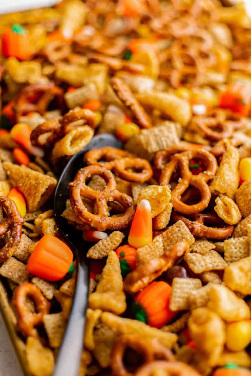 close up on halloween snack mix