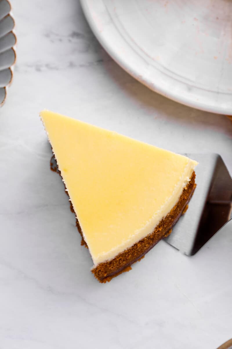 a slice of classic cheesecake against a marble counter top