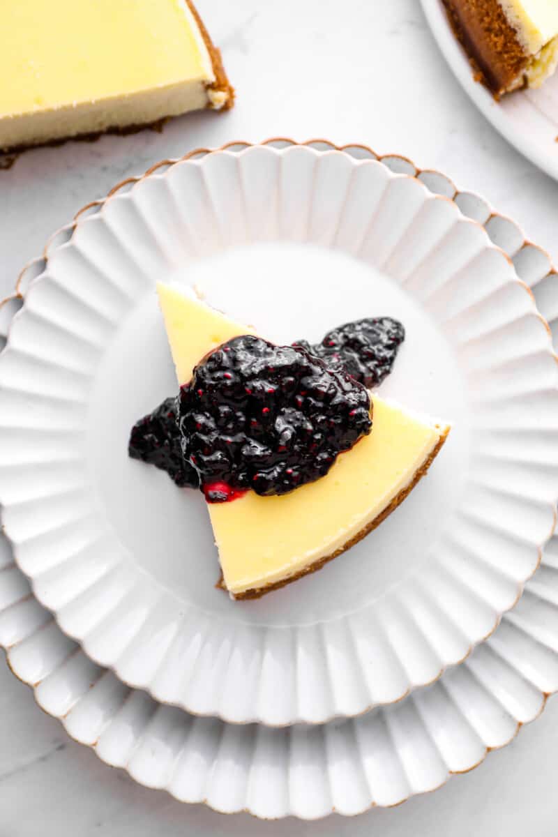 overhead view of a slice of classic New York style cheesecake