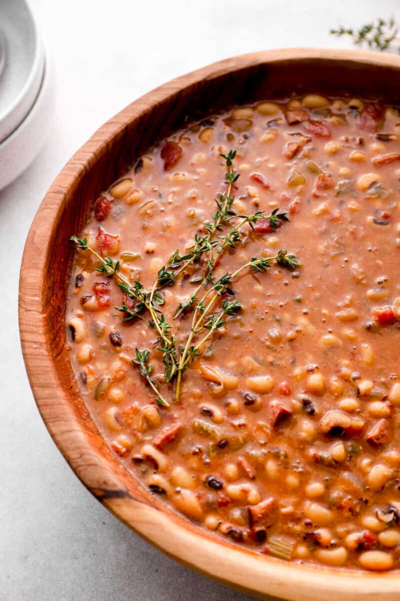 crockpot black eyed peas in a large serving bowl.