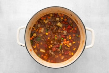 overhead view of hamburger soup in a dutch oven.