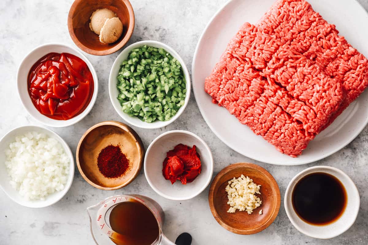 overhead view of ingredients for instant pot sloppy joes.