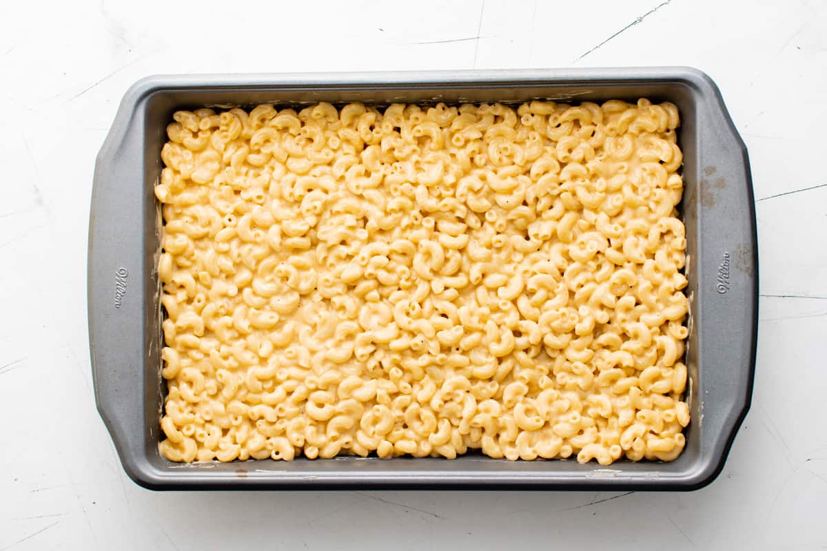 baking dish filled with macaroni and cheese