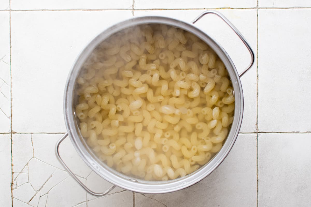 Boiling pasta in a pot.