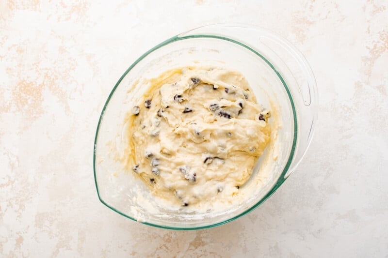 chocolate chip pancake batter in a mixing bowl