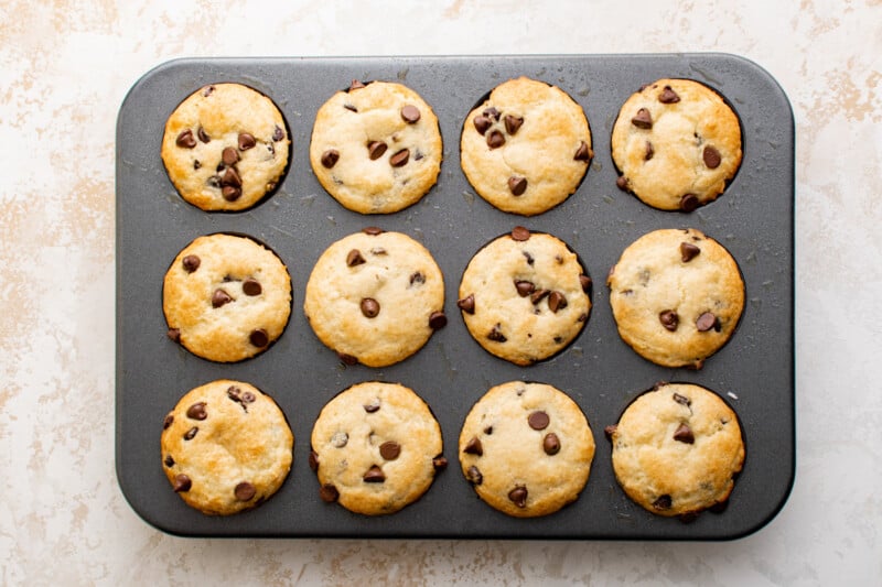 chocolate chip muffins in a muffin tin