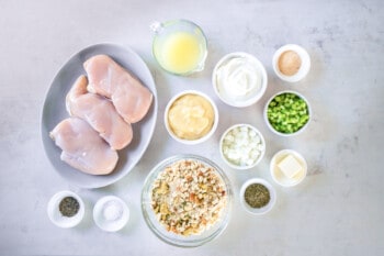 overhead view of ingredients for crockpot chicken and stuffing.