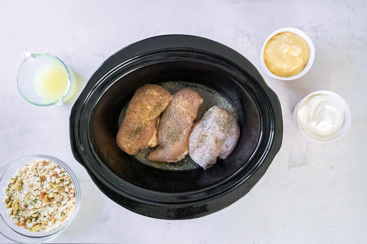 Seasoned chicken breasts in a black crockpot. - 8
