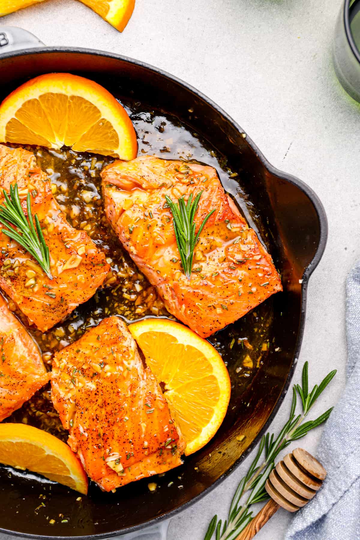 skillet of orange glazed salmon