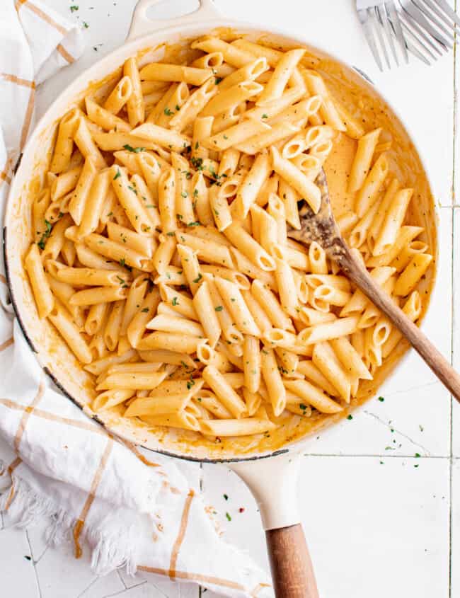 overhead view of a skillet of penne alla vodka