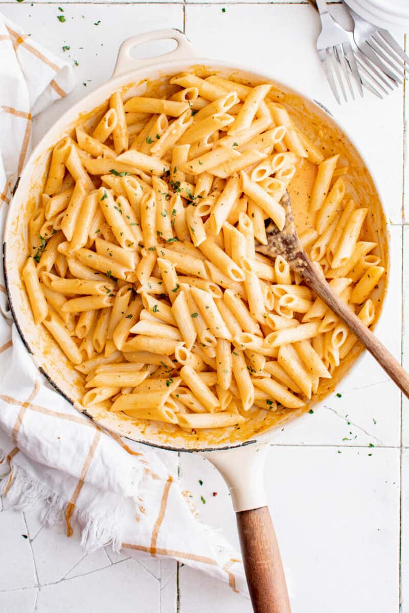 overhead view of a skillet of penne alla vodka