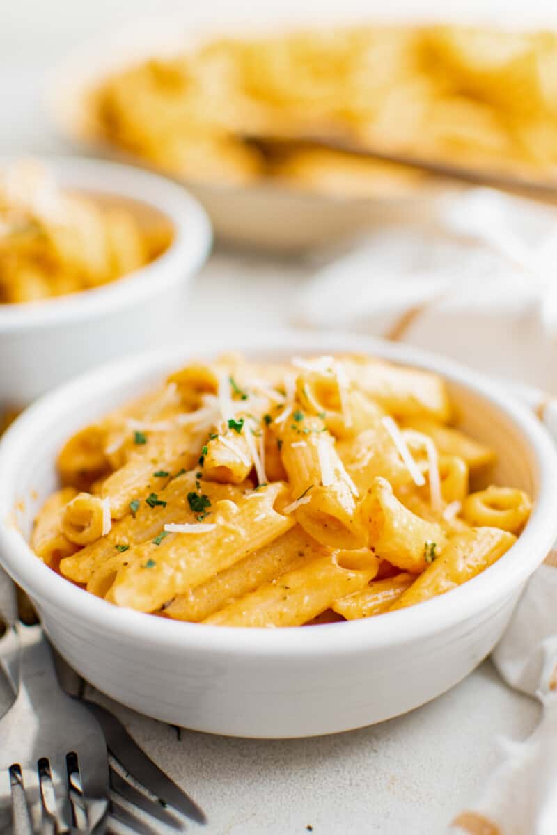 side view of a bowl of penne