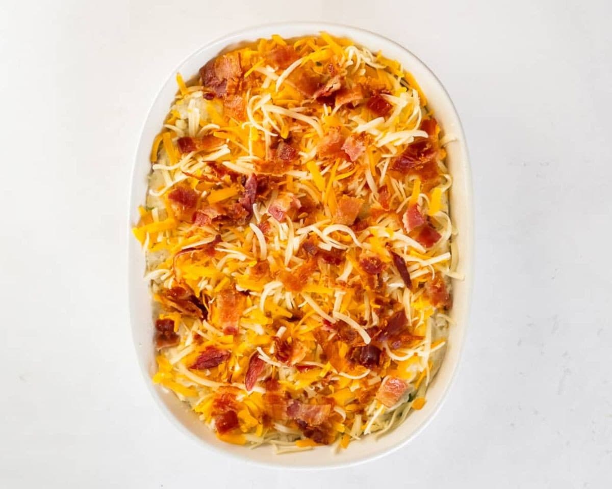 Twice baked potato casserole in a casserole dish.