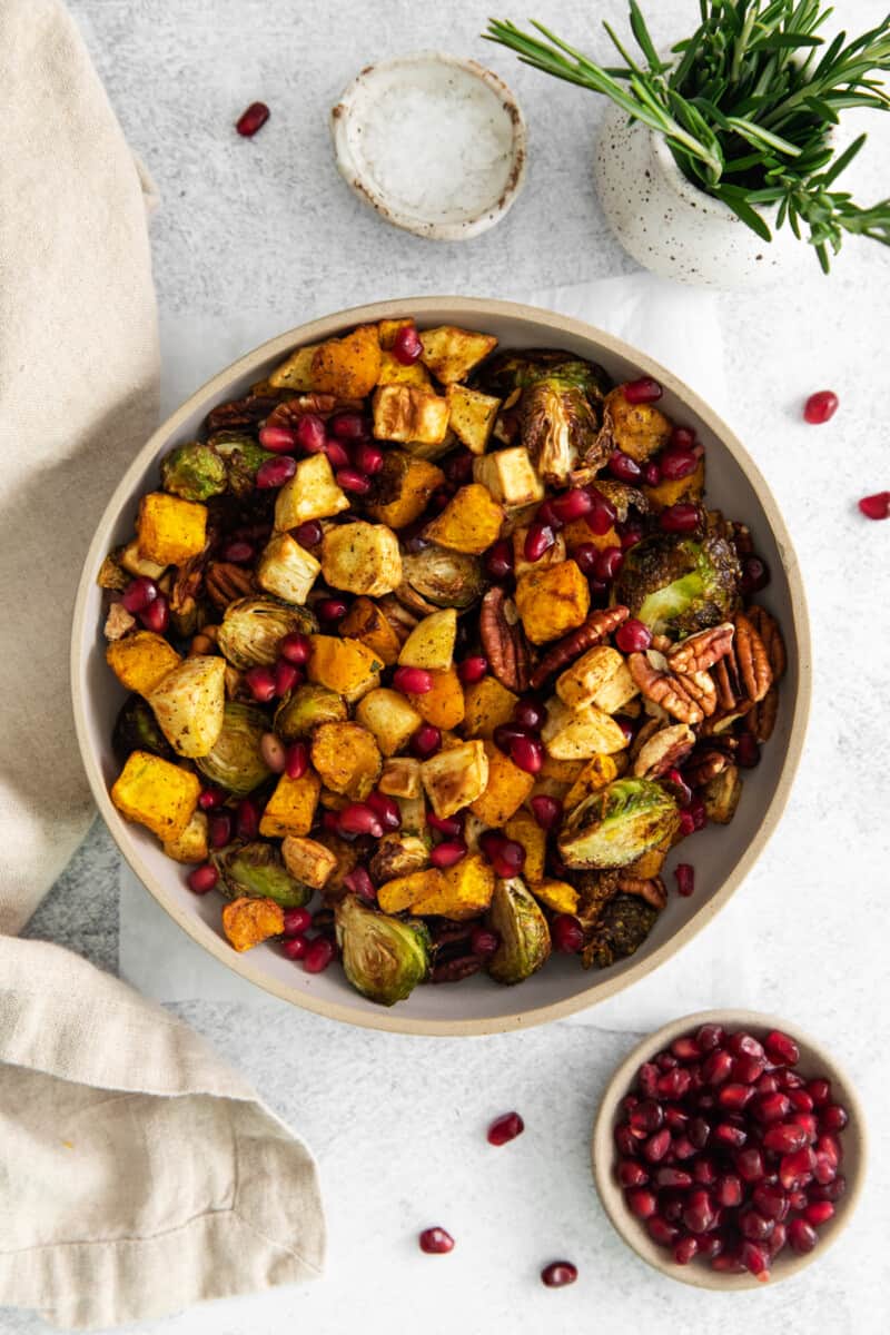 a bowl of air fryer vegetables on a tablescape