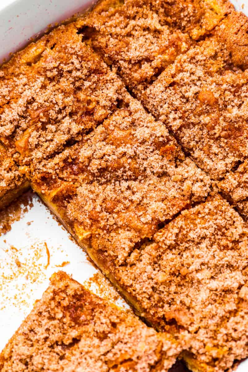 close up on apple cake cut into squares