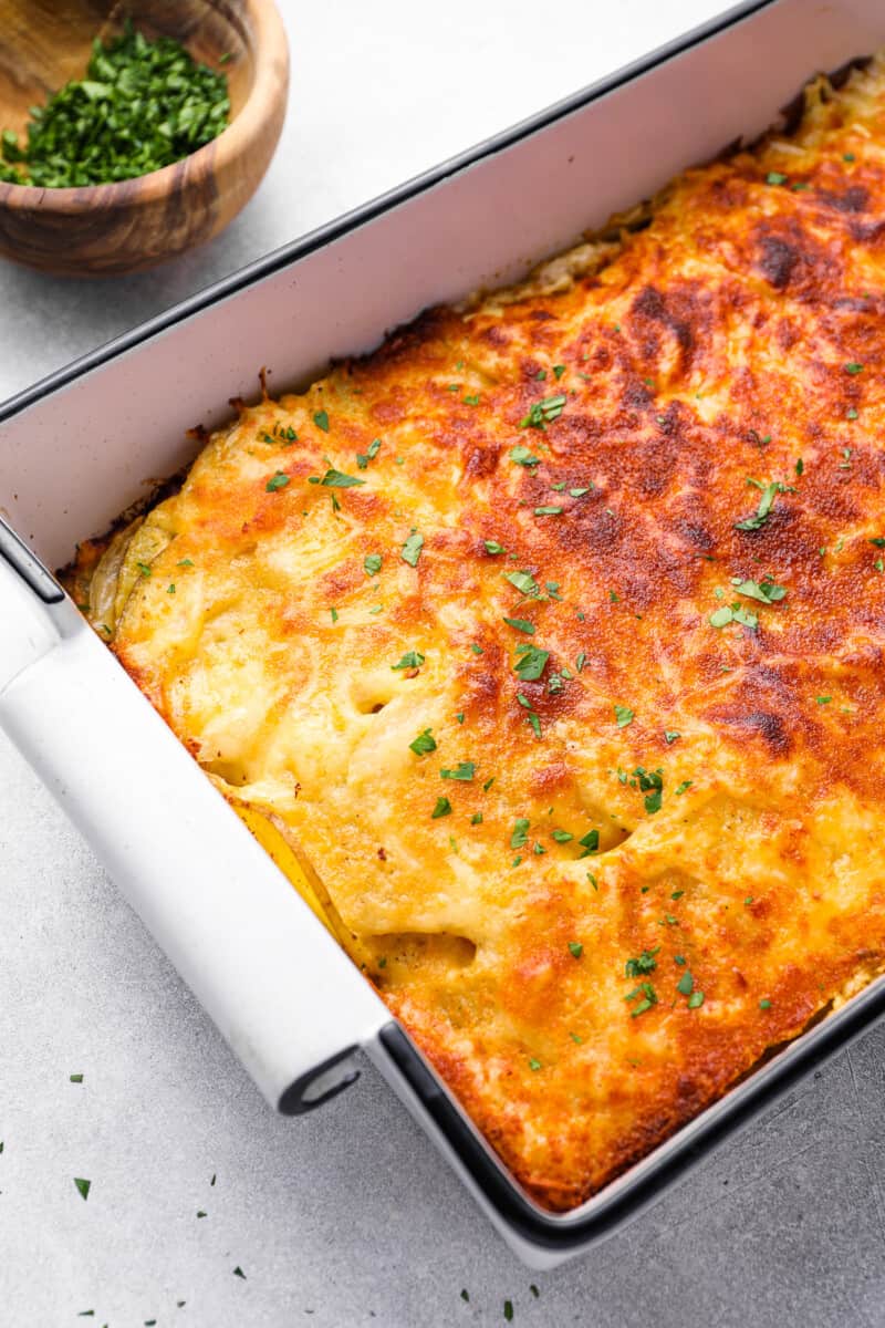 au gratin potatoes in a 9x13 baking pan.