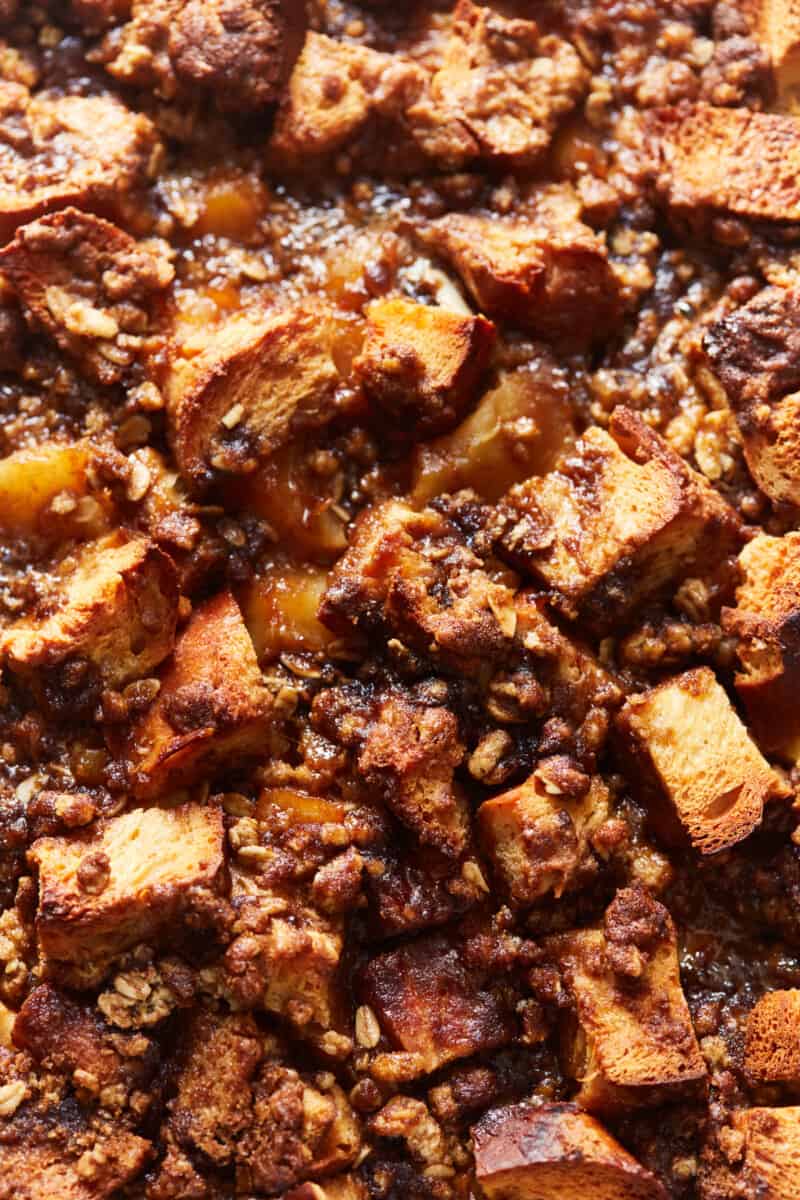 close up on apple bread pudding topping