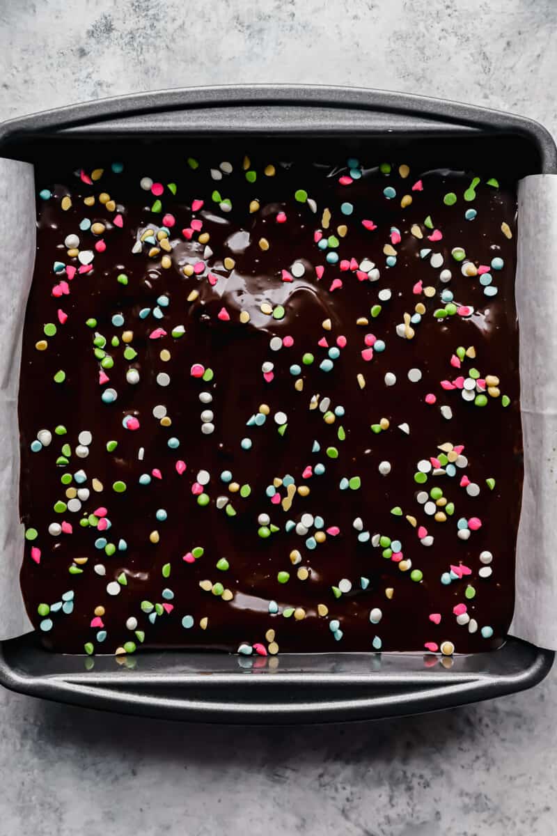 cosmic brownies in a parchment lined baking pan.