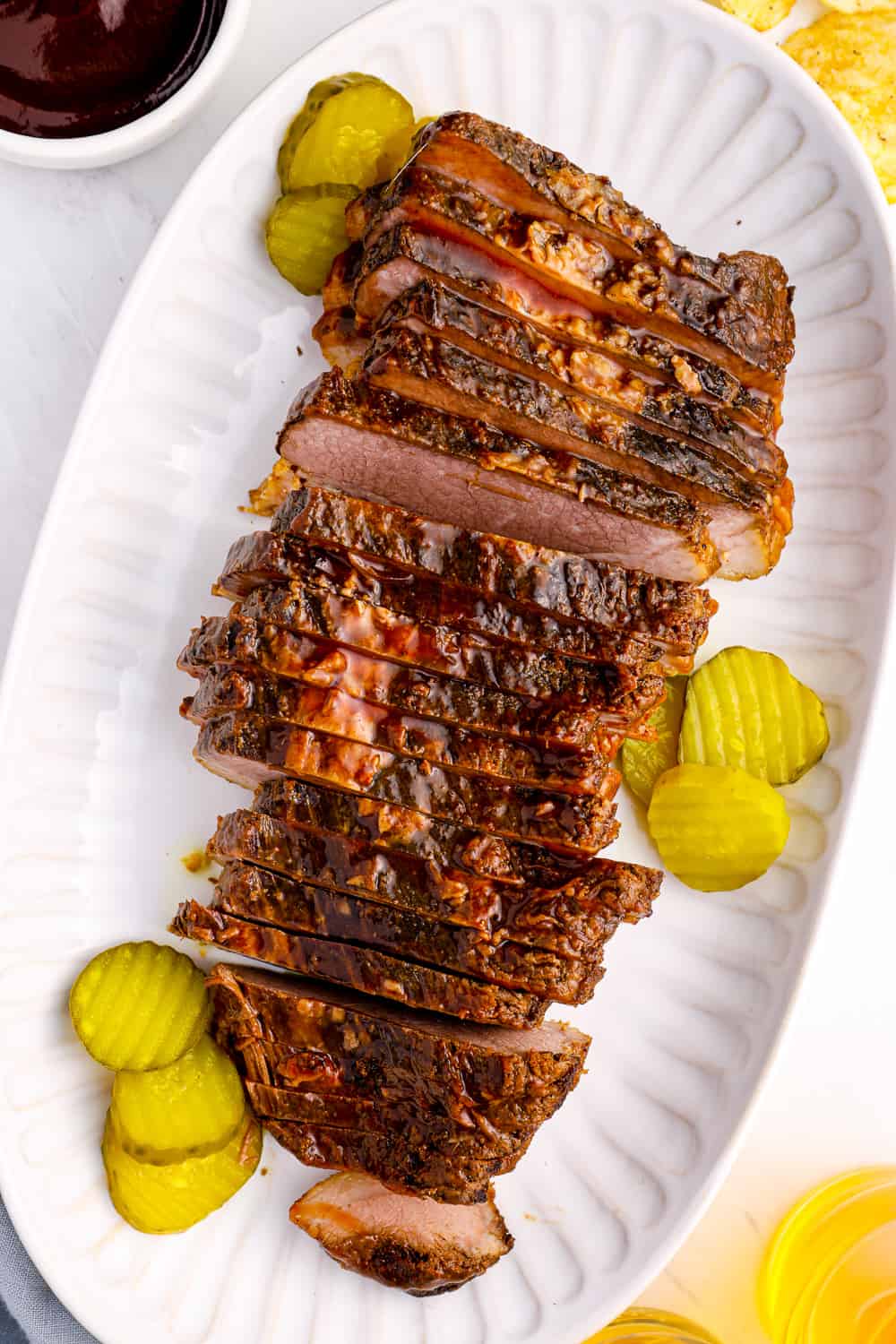 crockpot brisket sliced up on a serving platter