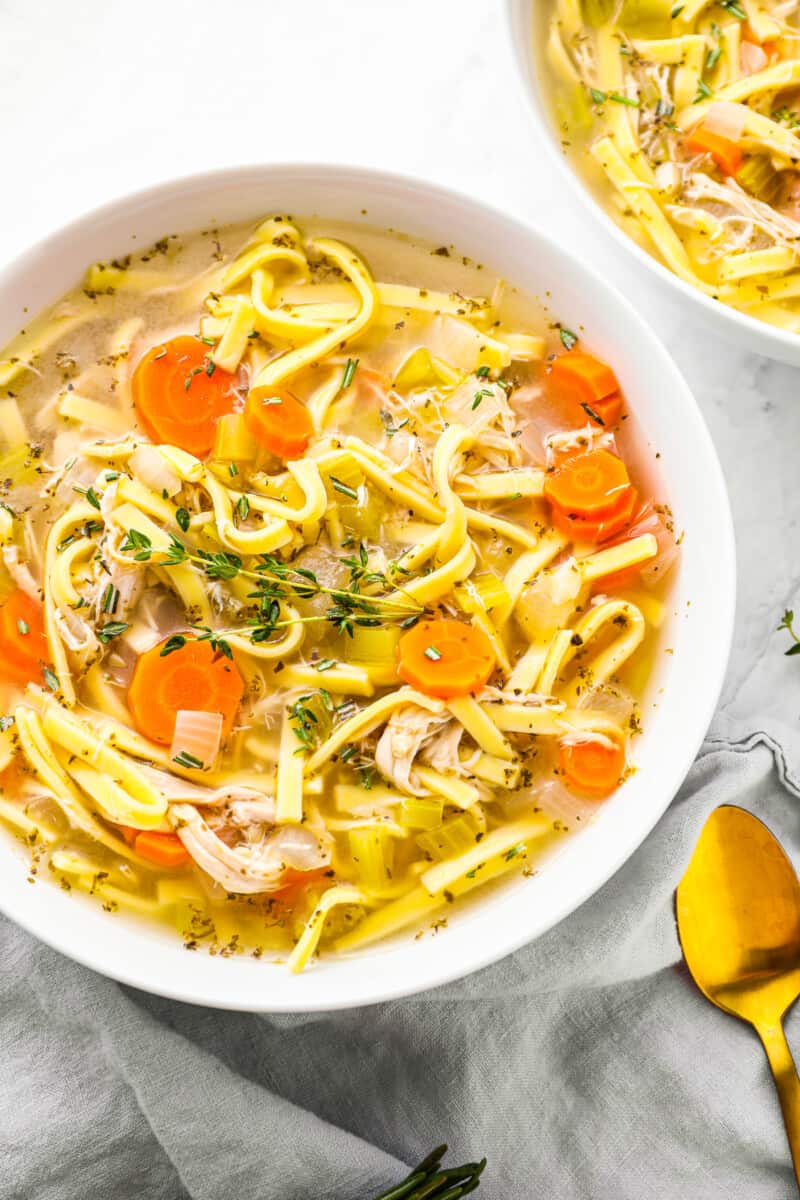 bowls of crockpot turkey noodle soup