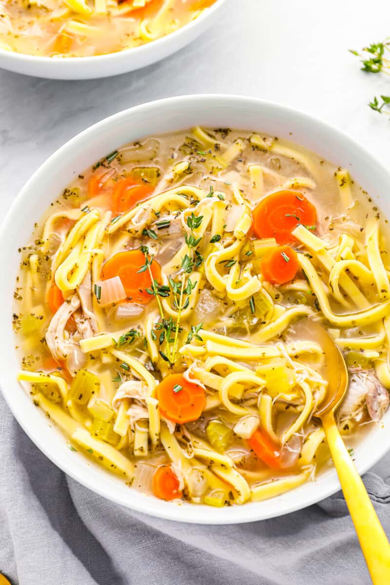 a bowl of crockpot turkey noodle soup
