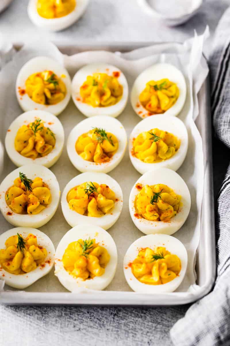 a tray of deviled eggs