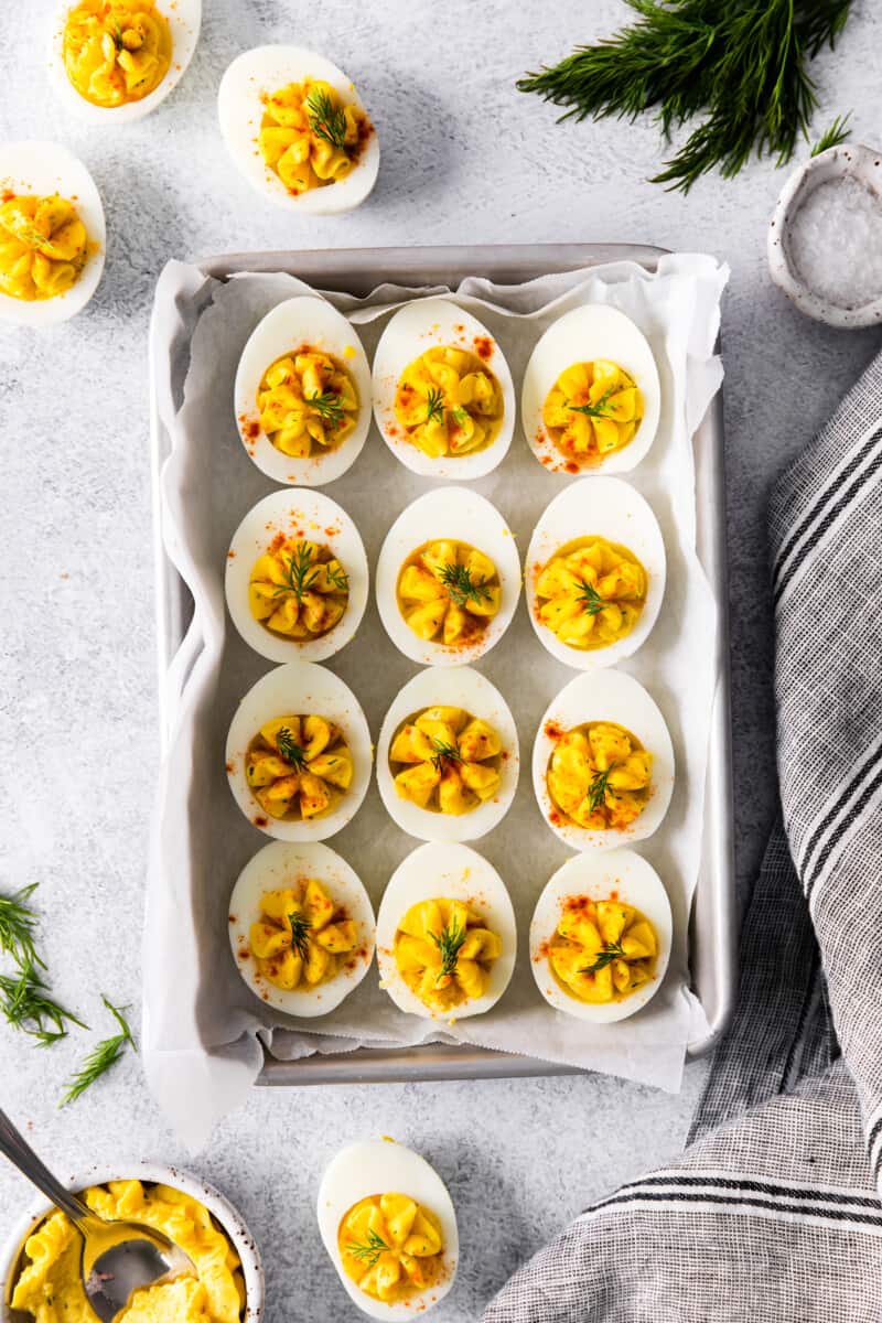 a tray of traditional deviled eggs