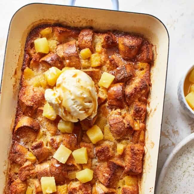 pineapple bread pudding with a scoop of ice cream