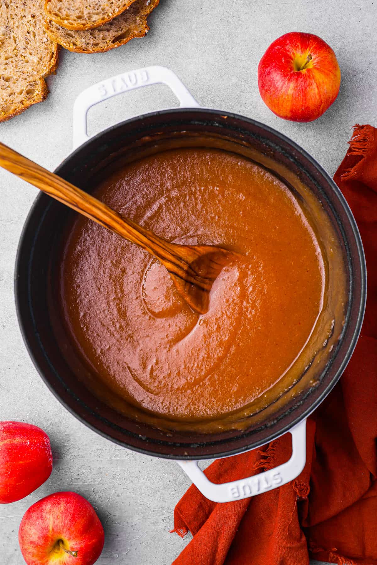 overhead view of a pot of homemade apple butter