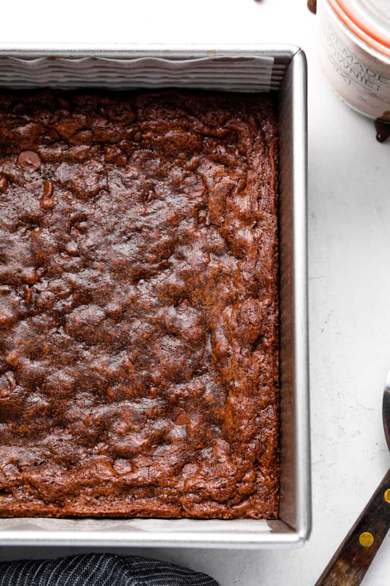 partial view of a tray of baked brownies.