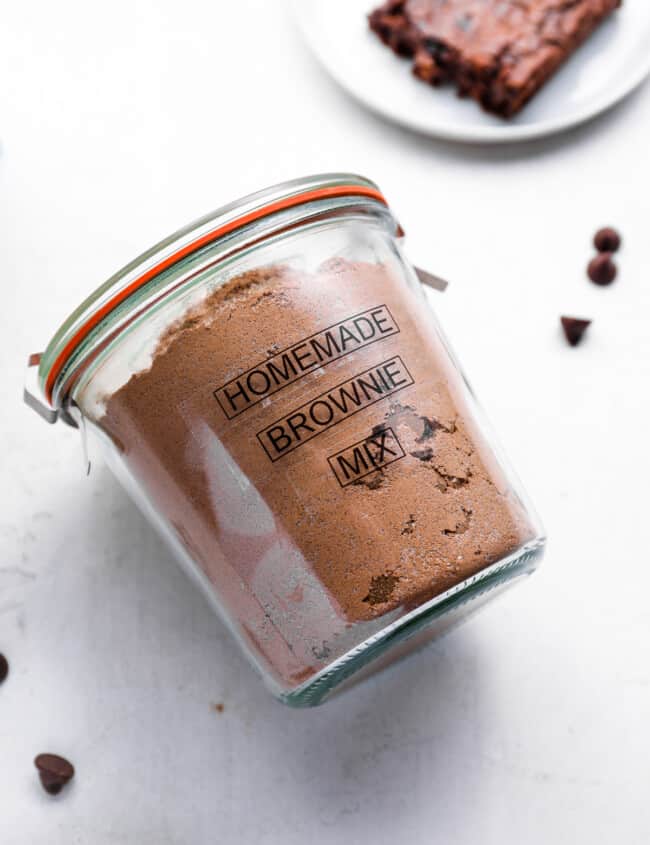 homemade brownie mix in a sealed jar with a label that reads homemade brownie mix.